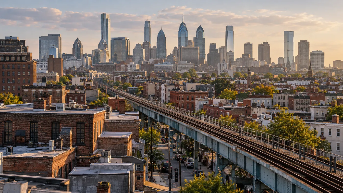 An elevated railway connects brick neighborhoods with a sunlit city skyline.